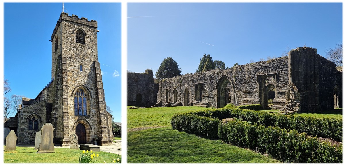 (1) Photo of a church with a square tower, built in yellowish stone. There are gravestones and daffodils in the foreground, and trees with bare branches rise behind the church. (2) Photo of the ruins of a long stone building with many doors and windows, which have a mixture of pointed arches and square frames.